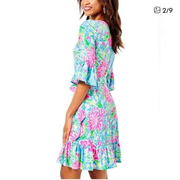 Lilly Pulitzer Kassie Wrap Ruffle Dress Women's M Blue Bunny Business Zanzibar - Picture 3 of 10